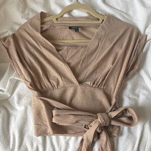 Express Ribbed Wrap Crop Top in Light Champagne Taupe